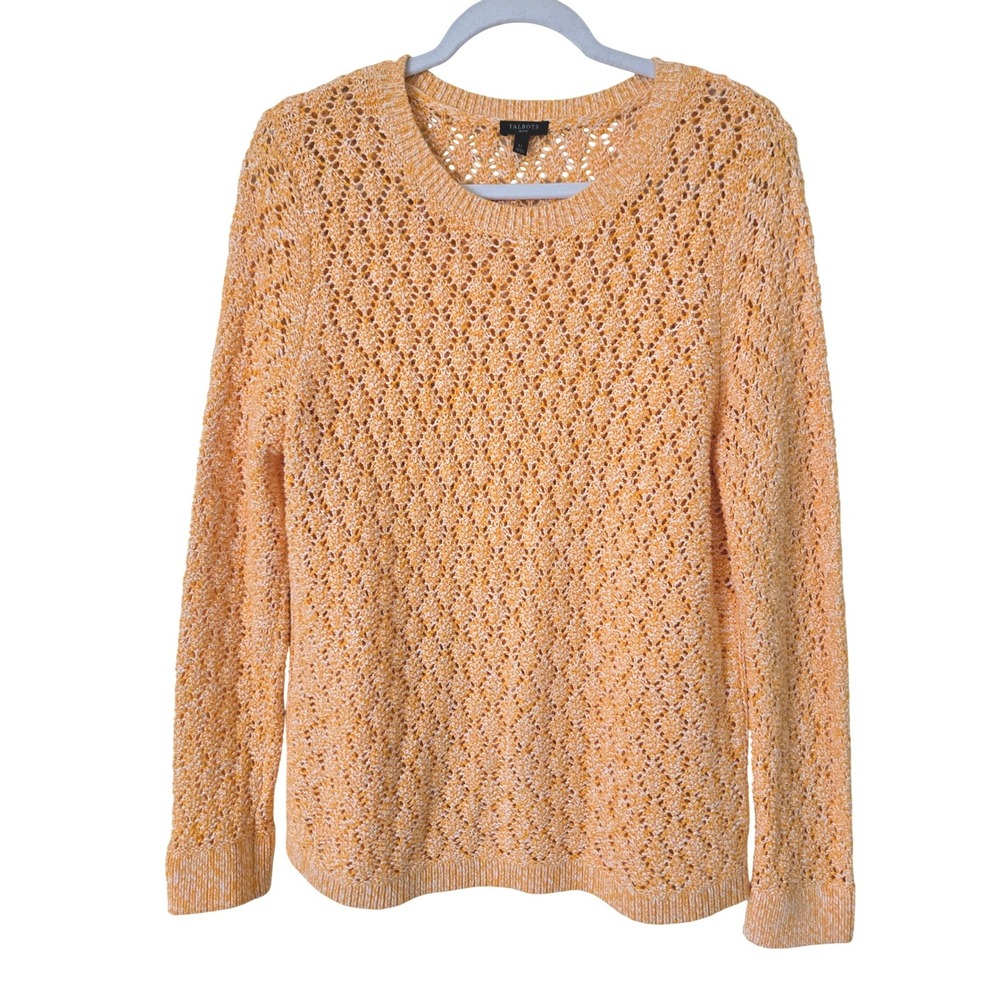 Talbots Large‎ Petite Orange Pointelle Open Knit Cotton Blend Sweater TRAVEL
